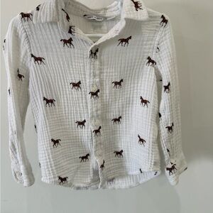 Janie and Jack White Button Down Shirt with Horse Print